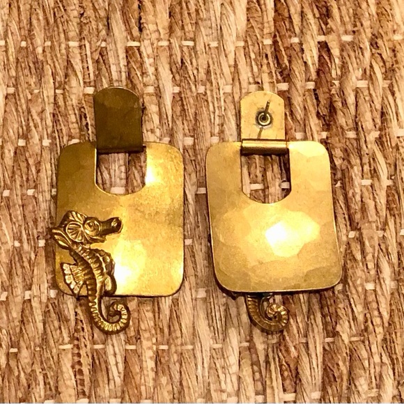 Vintage Brass Gold Toned Seahorse Door-Knocker Earrings - Picture 2 of 2